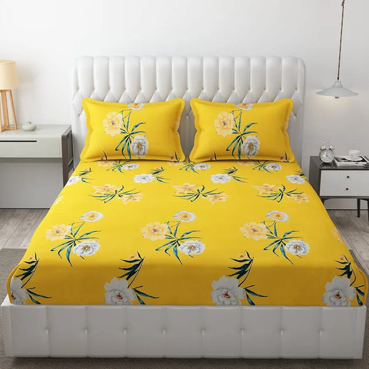 Fresh From Loom Double Bed Floral Design Microfiber King Bedsheet Bedcover Wrinkle Free Includes 2 Pillow Covers 144 TC Peach Yellow