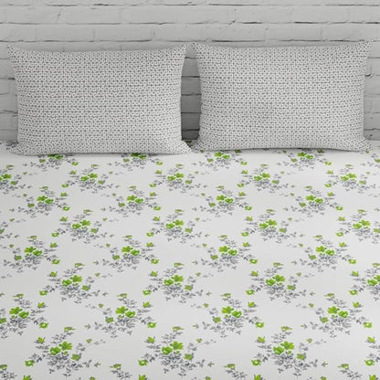 Huesland by Ahmedabad Cotton 144 TC Cotton Bedsheet for Double Bed King Size with 2 Pillow Covers | White, Green & Grey