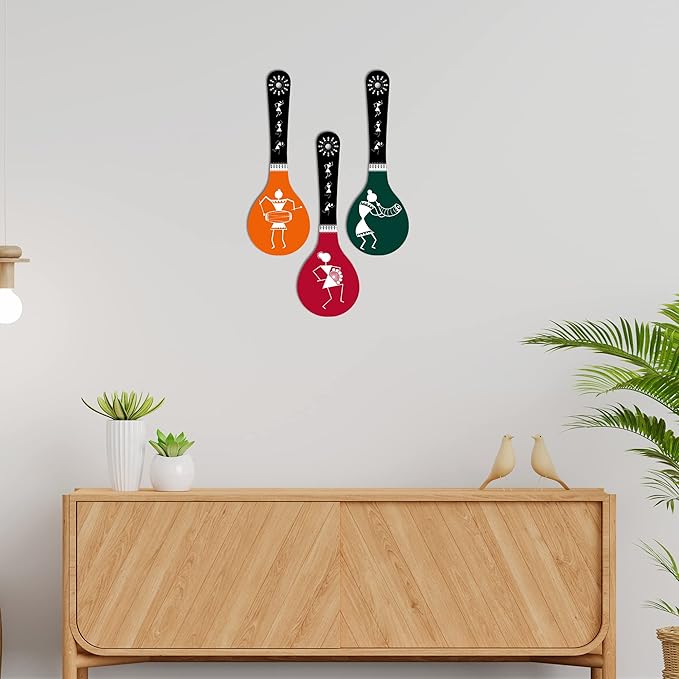 Artvibes Warli Art Wooden Wall Hanger for Home | Set of 3