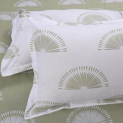 Huesland by Ahmedabad Cotton 144 TC King Size Bedsheet Cotton with 2 Pillow Covers | Sunrise | Basil Green & White