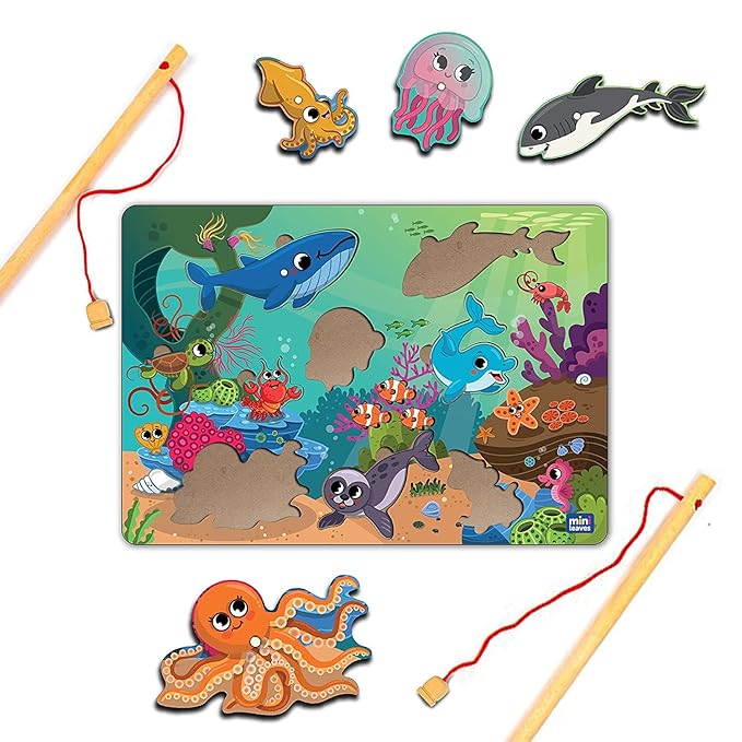 Mini Leaves 2 in 1 Wooden Magnetic Fishing Game for Kids | Fishing Game Educational Fish Catching Game for Kids