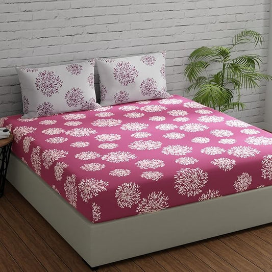 Huesland by Ahmedabad Cotton 144 TC Bedsheet for King Size Bed with 2 Pillow Covers | Mauve & White