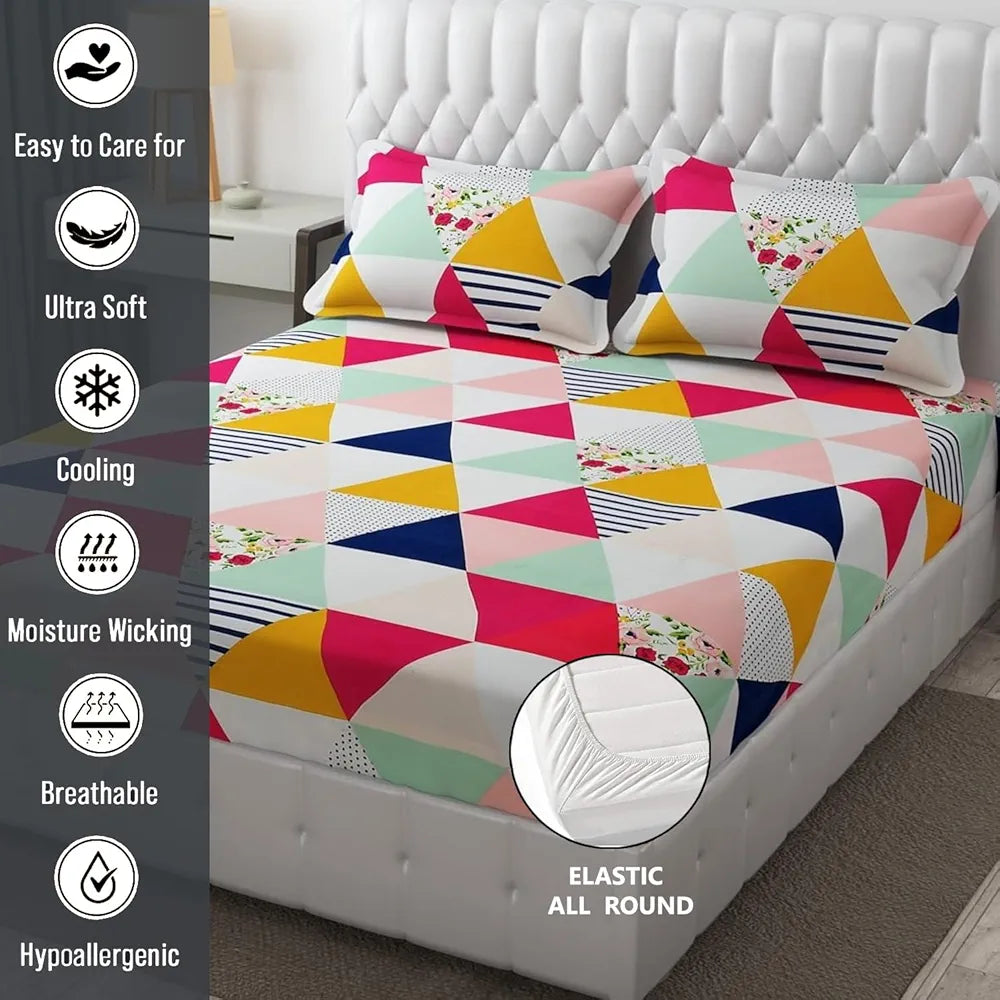 Fresh From Loom Soft Glace Cotton Fitted Bedsheet King Size Bed With Two Pillow Cover Elastic Fitted 144 TC Trangle Multi