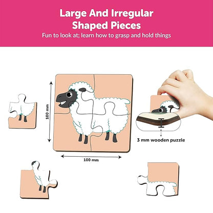 Mini Leaves 4 Piece Wooden Puzzle for Kids | Set of 6 Farm Animals Jigsaw Puzzle | Puzzles for Kids | Educational Puzzle Game
