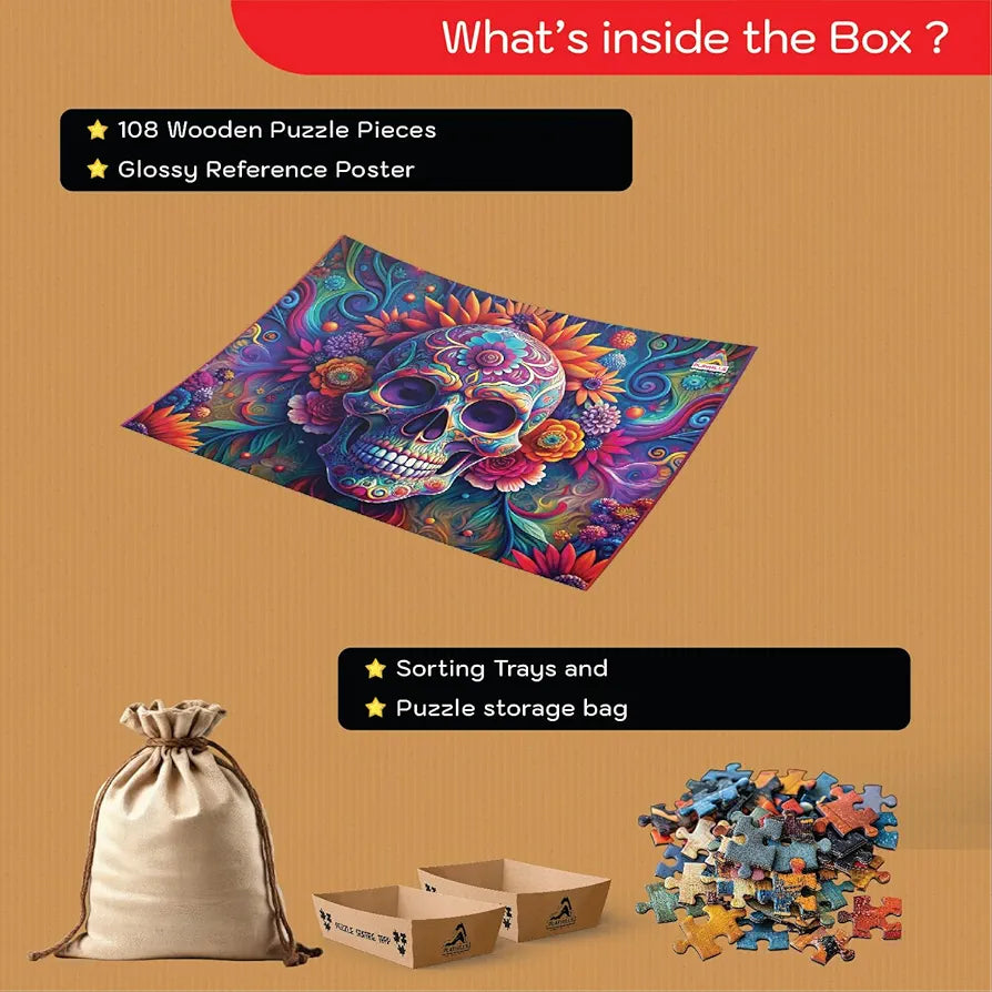 Playhills 108 pcs Abstract Puzzle Day of The Dead, Mexican Festival| Wooden Jigsaw Puzzle for Children and Adults 8+ Years| Perfect for Party Fun Family Activity Games