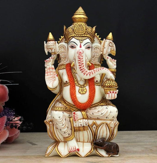 Indicast Resin 8" Inch Lord Ganesha Fine Painting Hindu God Ganesh Ganpati Idol Figurine | Home & Office