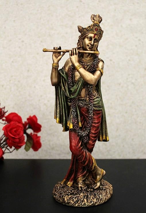Indicast 10" Inch Cold Cast Resin Krishna Showpiece Antique Decor Thakur Ji for Gifting Purpose