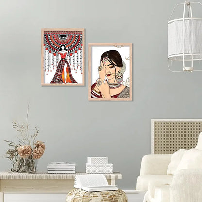 Kotart Indian Woman Digital Painting with Frame Traditional Painting Pack of 2