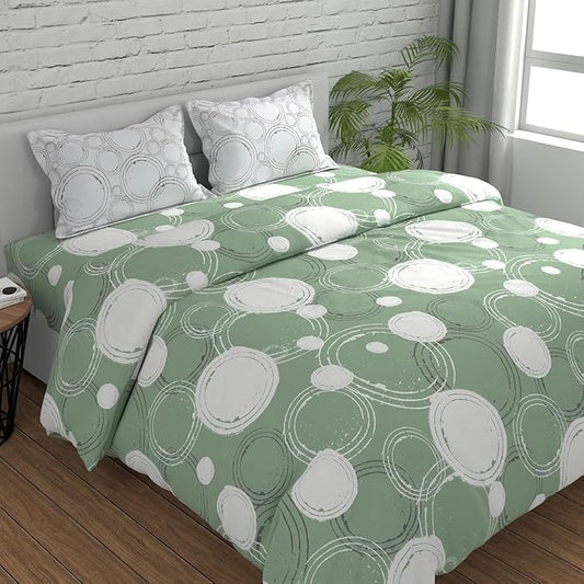 Huesland by Ahmedabad Cotton 144 TC King Size Bedsheet Cotton with 2 Pillow Covers | Sphere | Green & Off White