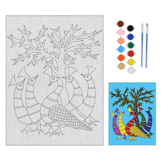 Hobby India Self Paint Beautiful Peacock Canvas - Gond Art | Pre-designed Canvas Board