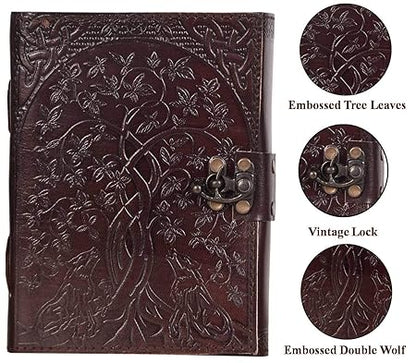 CraftShades- Handmade Leather Diary Embossed with star, journey & double wolf Diary with Antique Lock for Artist Sketchbook, Scrapbook, Drawing, Writing etc .Size 5 * 7 inch (DOUBLE WOLF)