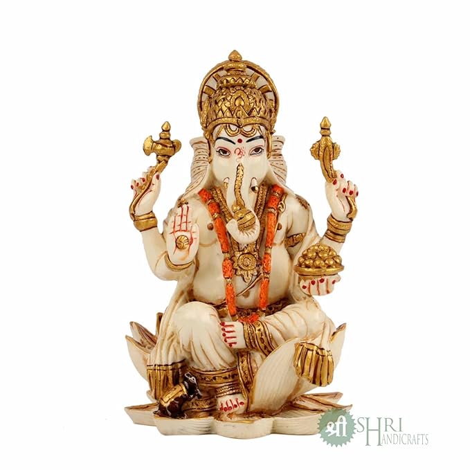 Indicast Resin 8" Inch Lord Ganesha on Base Gold Painting Surya Hindu God Ganesh Ganpati Idol Figurine | Home Decoration and Pooja Gifting