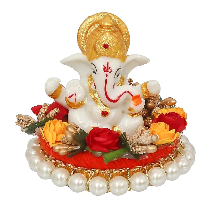 Ecraftindia Resin Lord Ganesha Idol on Decorative Plate | Lord Ganesha Idol | Ganesha Statue for Puja Room