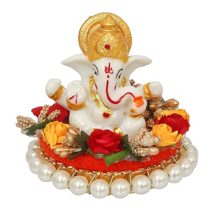 Ecraftindia Resin Lord Ganesha Idol on Decorative Plate | Lord Ganesha Idol | Ganesha Statue for Puja Room