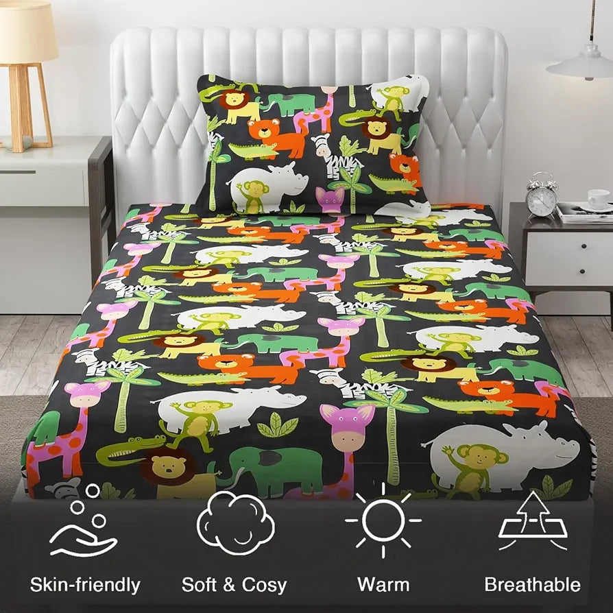 Fresh From Loom Bed Sheet Cartoon Printed Single Bedsheet Bedsheet for Kids Room with 1 Pillow Cover Multicolor 144 TC