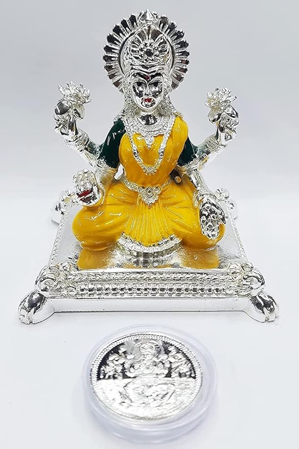 Gold Art India Pata Laxmi Silver Plated Terracotta Idol for Mandir Yellow Enamel Color Work with Silver Plated Coin Lakshmi Ji