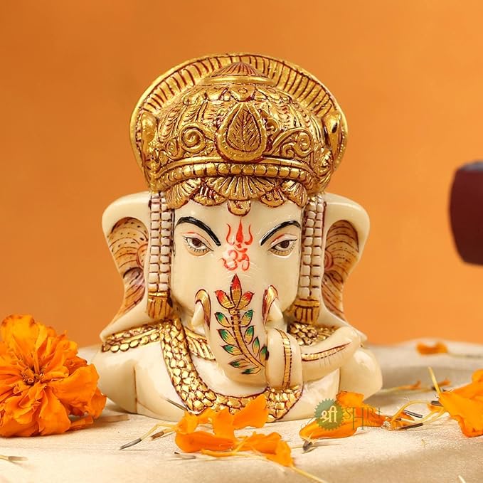 Indicast Resin 4" Inch Lord Ganesha Head Painting Hindu God Ganesh Ganpati Idol Figurine for Home Office House Warming Statue Murti