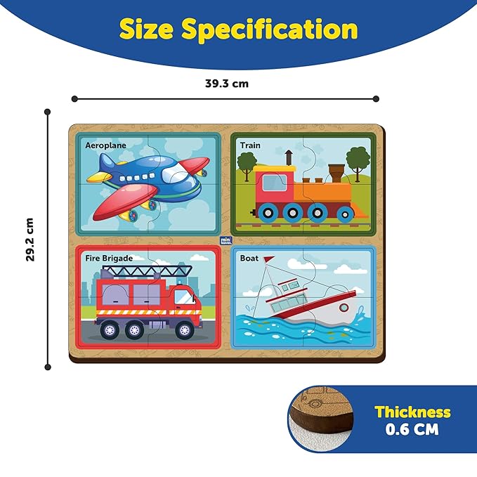 Mini Leaves Four 4 Piece Vehicle Wooden Puzzle for Kids | Set of 4 Chunky Vehicle Jigsaw Puzzle | Educational Puzzle Game