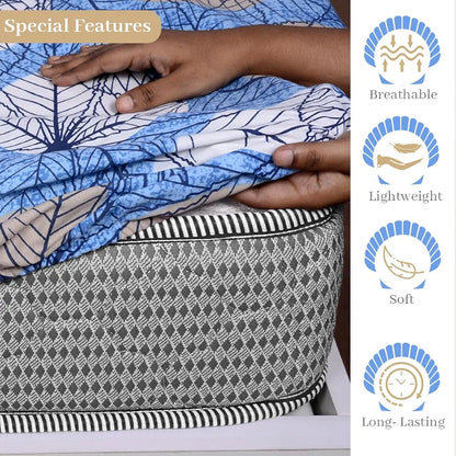 Divine Casa 144 TC Cotton Fitted Bedsheet for Single Bed 100% Cotton Floral Blue Size Colour Lichen Blue