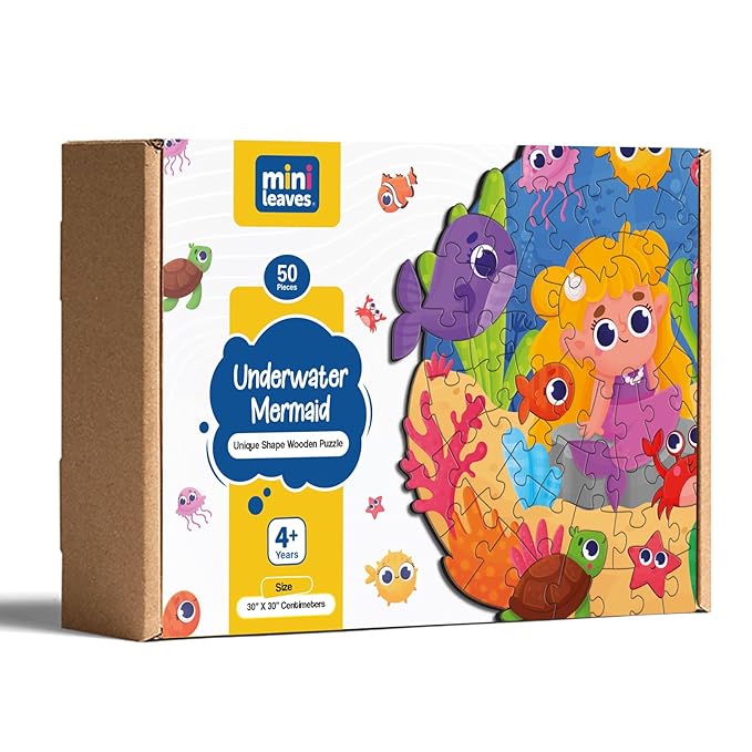 Mini Leaves Mermaid Art Unique Shape Wooden Puzzle for 4+ Kids I Children Wall Decoration Puzzle 50 Pcs Puzzle