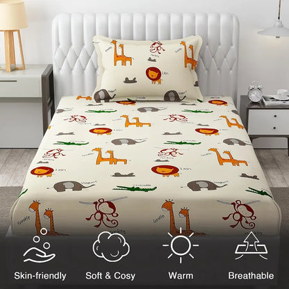 Fresh From Loom Glace Cotton Wrinkle Free Soft Hypoallergenic Bed Sheet Cartoon Printed Single Bedsheet Bedsheet with 1 Pillow Cover 144 TC Multi-Color 2