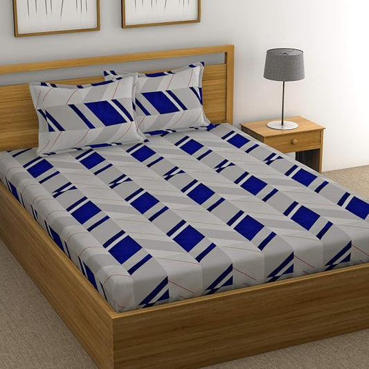 Huesland by Ahmedabad Cotton 144 TC Cotton King Size Bedsheet with 2 Pillow Covers - Grey & Blue