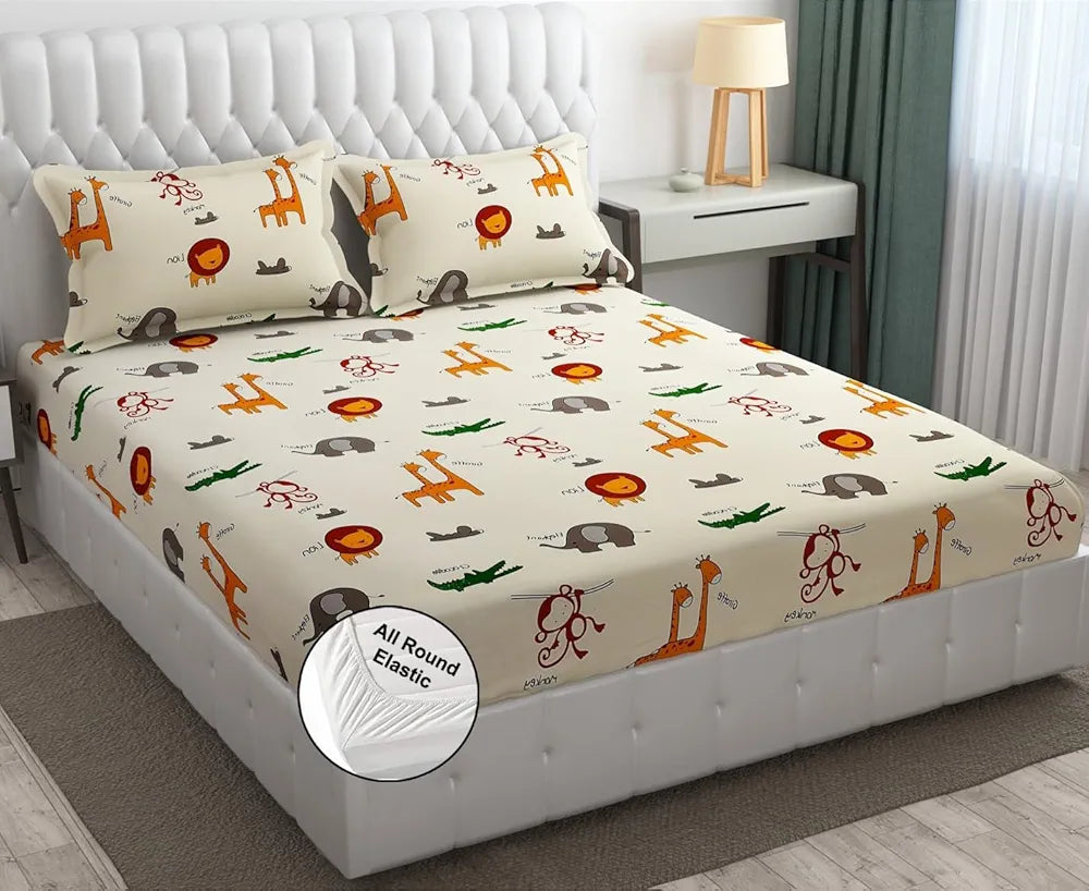 Fresh From Loom Glace Cotton Wrinkle Free Elastic Fitted Bed Sheet with 2 Pillow Cream Animal Double Bed 300 TC