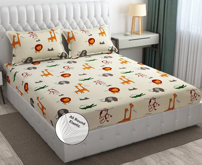 Fresh From Loom Glace Cotton Wrinkle Free Elastic Fitted Bed Sheet with 2 Pillow Cream Animal Double Bed 300 TC