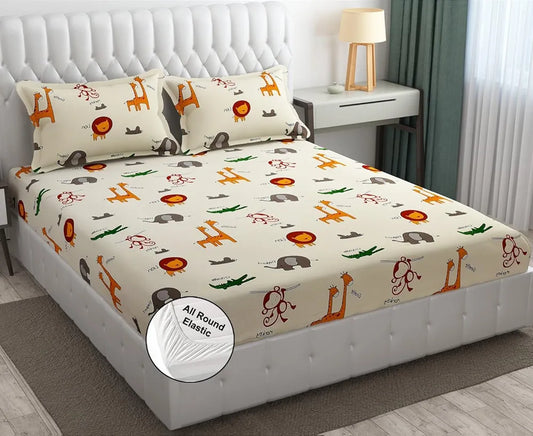 Fresh From Loom Glace Cotton Wrinkle Free Elastic Fitted Bed Sheet with 2 Pillow Cream Animal Double Bed 300 TC