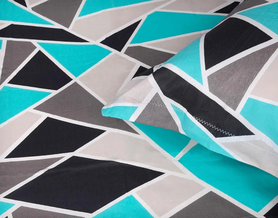 Divine Casa Bedsheet for Single Size Bed 144 TC Cotton Bedsheet for Single Size Bed with 1 Pillow Cover  Geometric Colour Aqua Grey