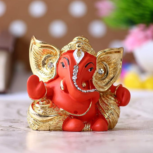 Ecraftindia Golden and Orange Polyresin Lord Ganesha Idol | Sacred Gift for Lord Ganesha Devotees