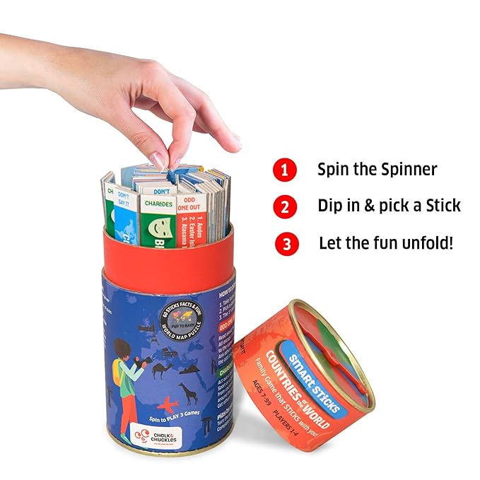 Chalk and Chuckles Smart Sticks Countries of the World Games for Kids | Fun Educational Toys | Card Game | Map Puzzle