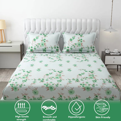 Fresh From Loom Floral Print 240 TC Microfiber Fitted King Size Bedsheet Set with 2 Pillow Cover Soft-Cyan