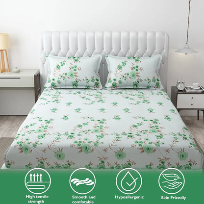 Fresh From Loom Floral Print 240 TC Microfiber King Size Bedsheet Set with 2 Pillow Cover Soft-Cyan