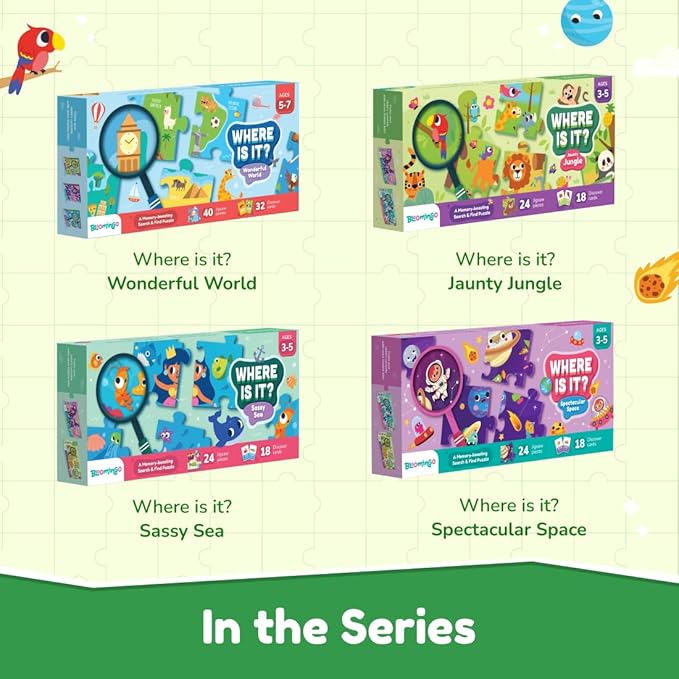 Bloomingo Search and Find Puzzle Kit | Jaunty Jungle - Discover Hidden Jungle Animals | Discovery Cards & Solution Sheet
