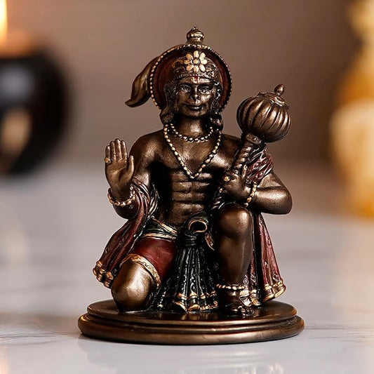 Ecraftindia Brown and Copper Polyresin Blessing Lord Hanuman Idol With Mace | Auspicious Religious God Idol