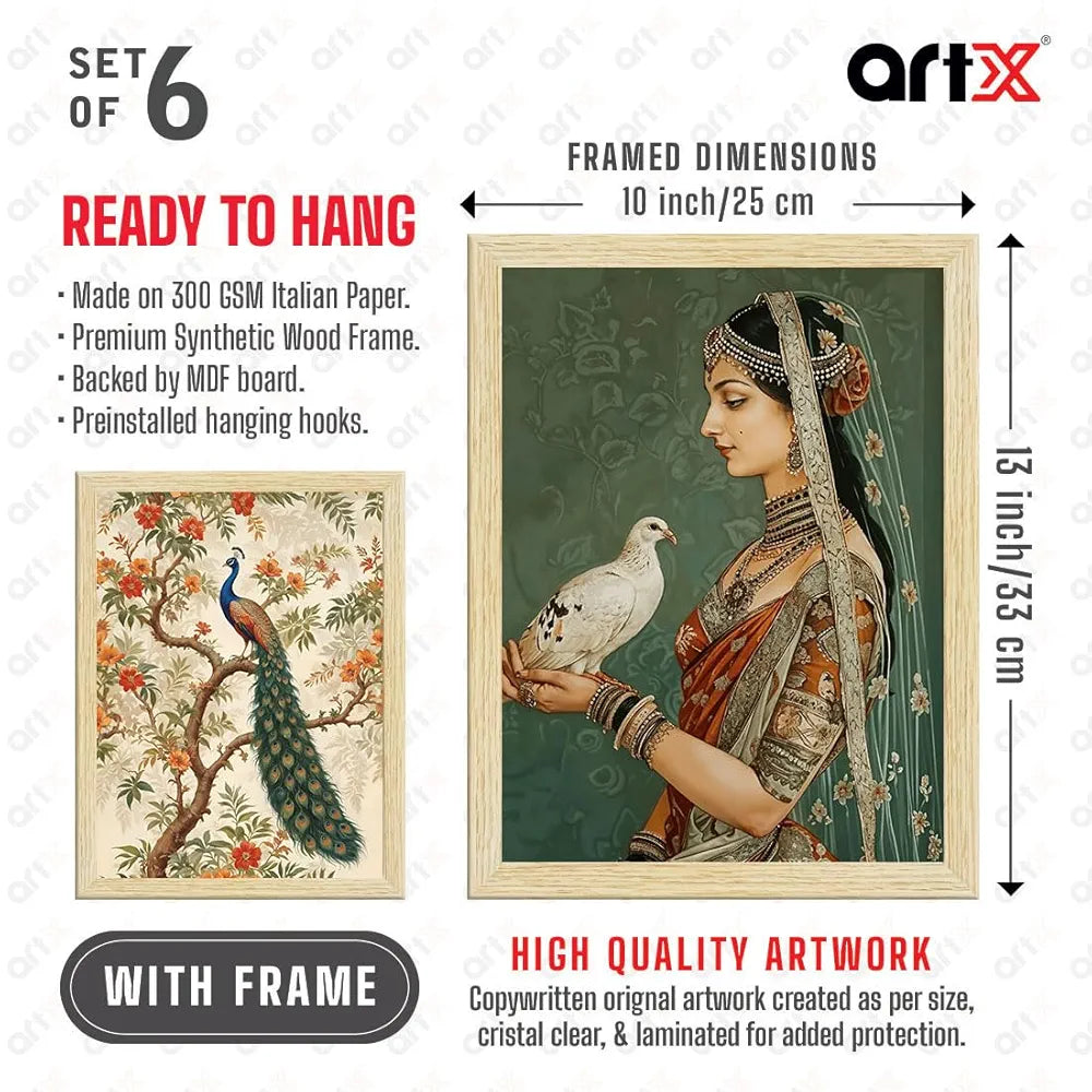 ArtX Paper Rangmala Indian Madhubani Art Paintings with Frame Madhubani-SO6-02 Set of 6