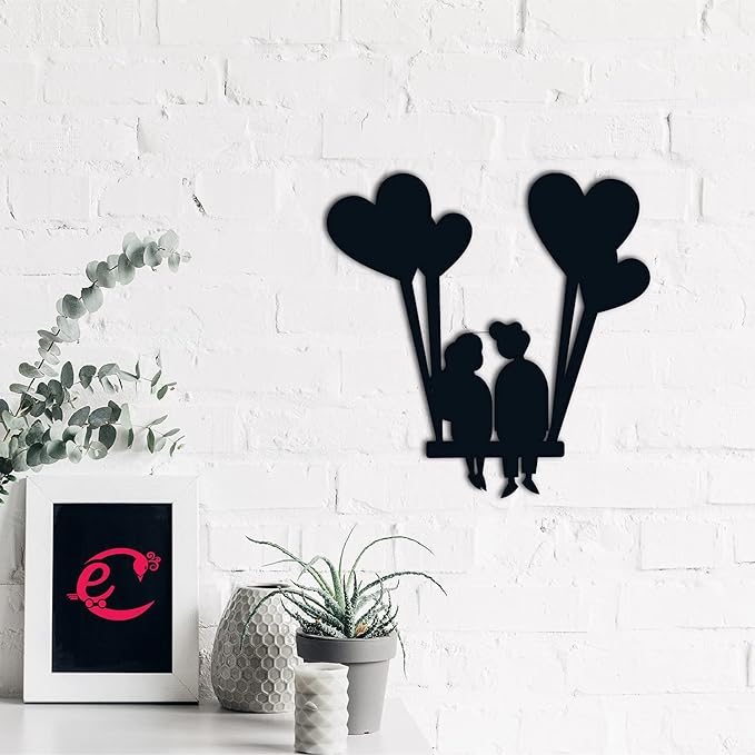 Ecraftindia Young Loving Couple With Hearts Balloons Black Engineered Wood Cutout Wall Art Decor