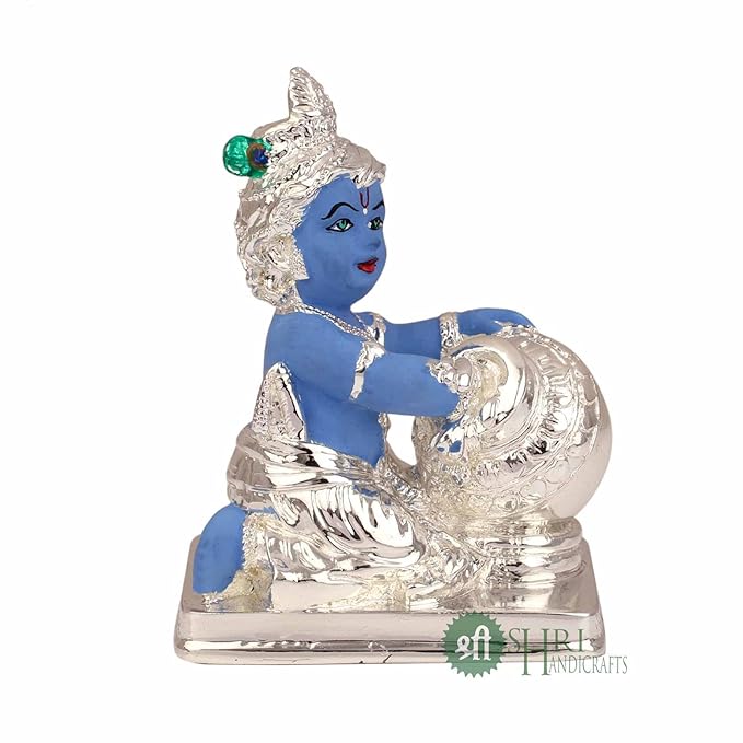 Indicast Hand Carved Silver Plated Laddu Gopal Lord Krishna Idol Sculpture Statue for Home and Office Decor & Gifts