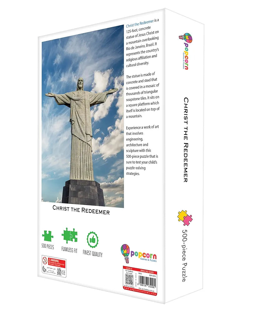 Popcorn Games & Puzzles with Architectural Marvels of Christ The Redeemer - 500 Piece Jigsaw Puzzle for 12+ Kids and Adults