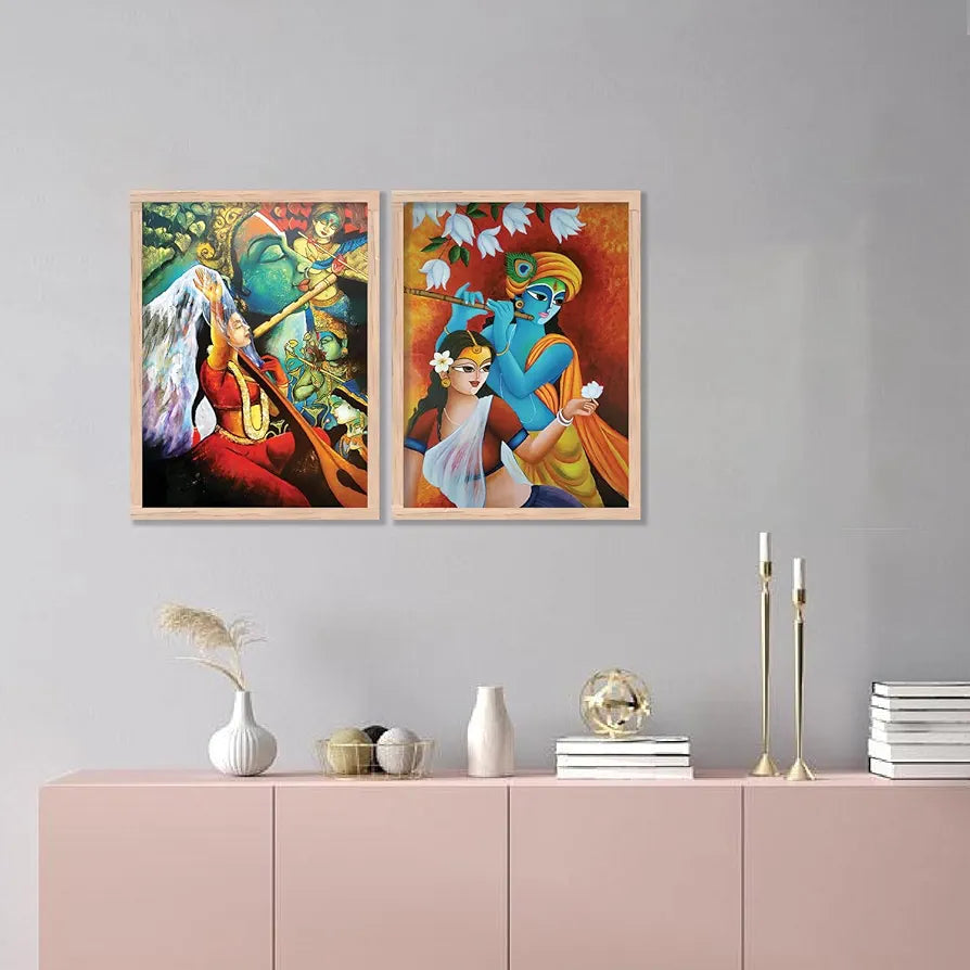 Kotart Radha Krishna Digital Painting with Frame for Home Decoration Pack of 2 Design05