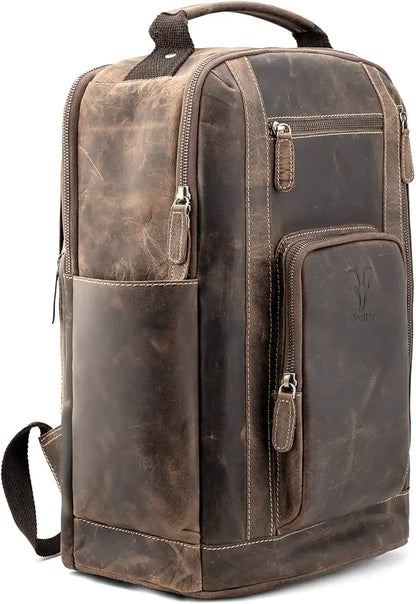 Goatter 24 Ltrs Men's Hunter Leather Backpack For 16 Laptop Travel Hiking Camping Rucksack - Brown