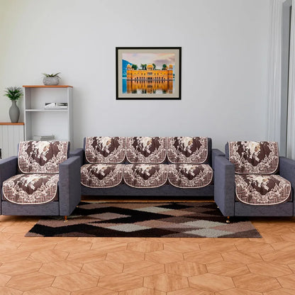 Kuber Industries Velvet Sofa Cover Set 5 Seater With Brown Check Border for Living Room Cream