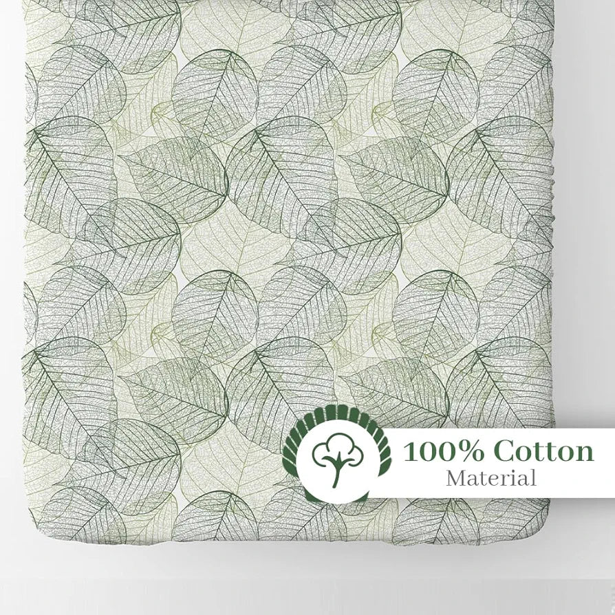 Divine Casa 100% Cotton Fitted Bedsheet for Double Bed Dry Leaf Print Colour Olive Green Elastic Fit Soft & Breathable with 2 Pillow Covers