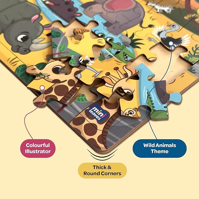 Mini Leaves 35 Piece Puzzle for Kids | Wild Animals Jigsaw Puzzle | Educational Toys for Kids 3+ Years With Wooden Tray