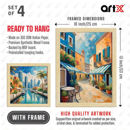 ArtX City Sunrise Paintings with Frame Abstract Multicolor Set of 4