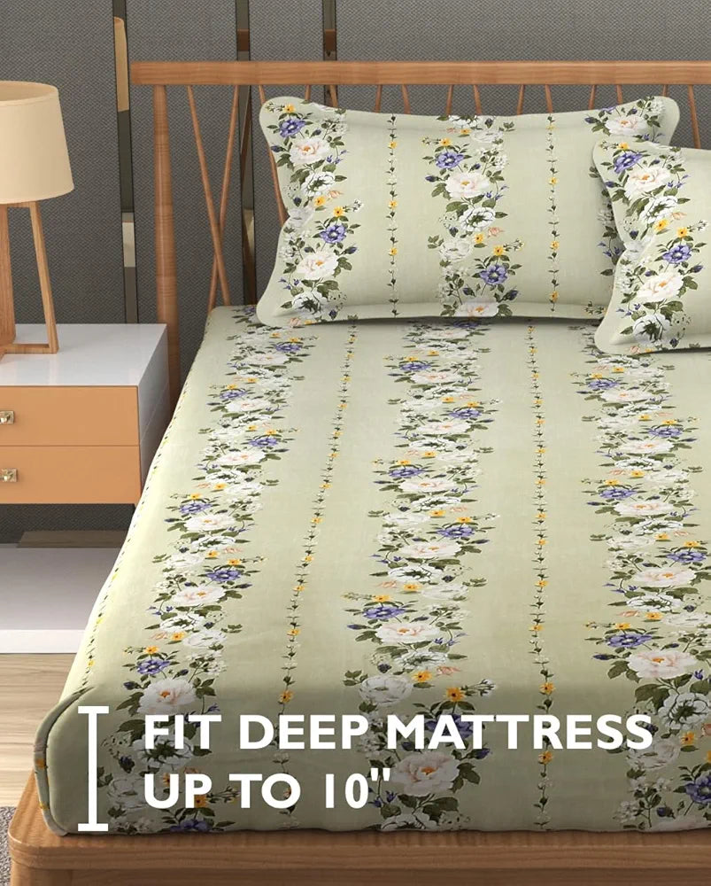 Fresh From Loom King Size Fitted Bedsheet Set 240 TC 2 Pillow Covers Pale Leaf Multicolor