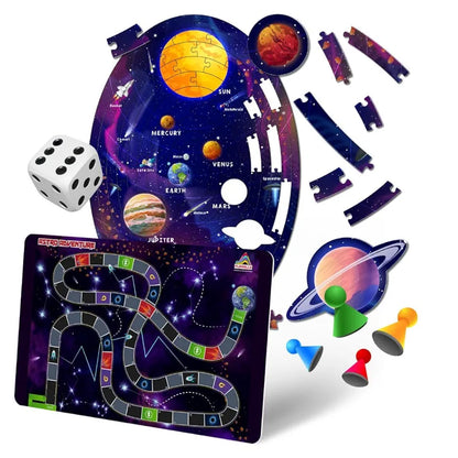 Playhills 2-in-1 Puzzle + Board Game, 108 pcs Solar System Jigsaw Puzzle with Astro Adventure Board Game for Children | Perfect Birthday & Learning Gift for Boys, Girls Age 6+ Years