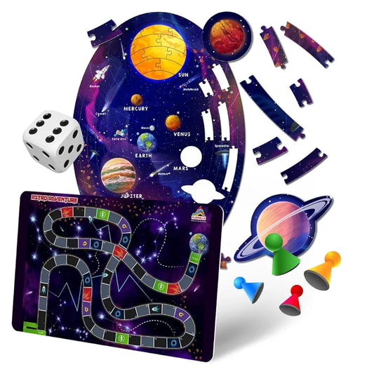 Playhills 2-in-1 Puzzle + Board Game, 108 pcs Solar System Jigsaw Puzzle with Astro Adventure Board Game for Children | Perfect Birthday & Learning Gift for Boys, Girls Age 6+ Years