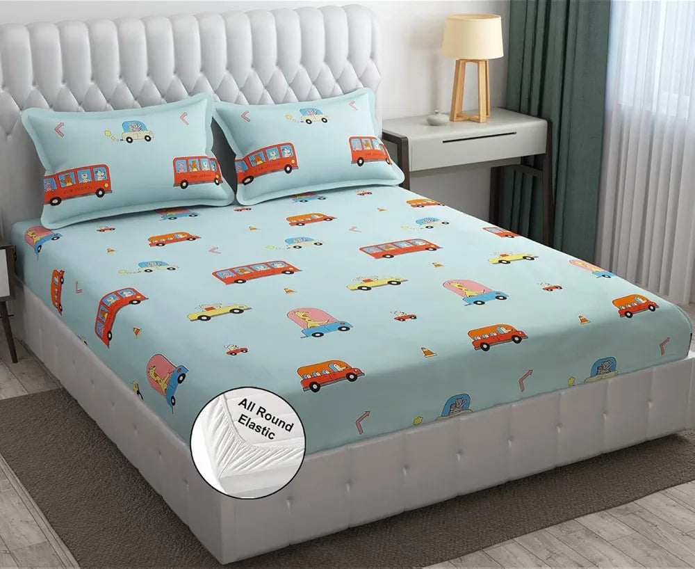 Fresh From Loom 300 TC Glace Cotton Soft Hypoallergenic Elastic Fitted Bed Sheet with 2 Pillow Cover Aqua Bus Queen